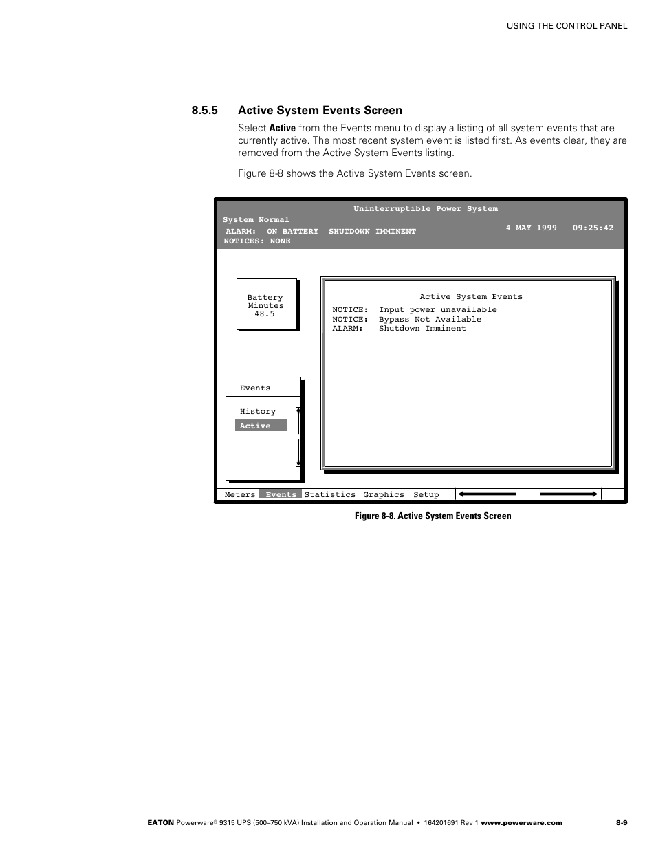 5 active system events screen | Eaton POWERWARE 9315 User Manual | Page 65 / 154
