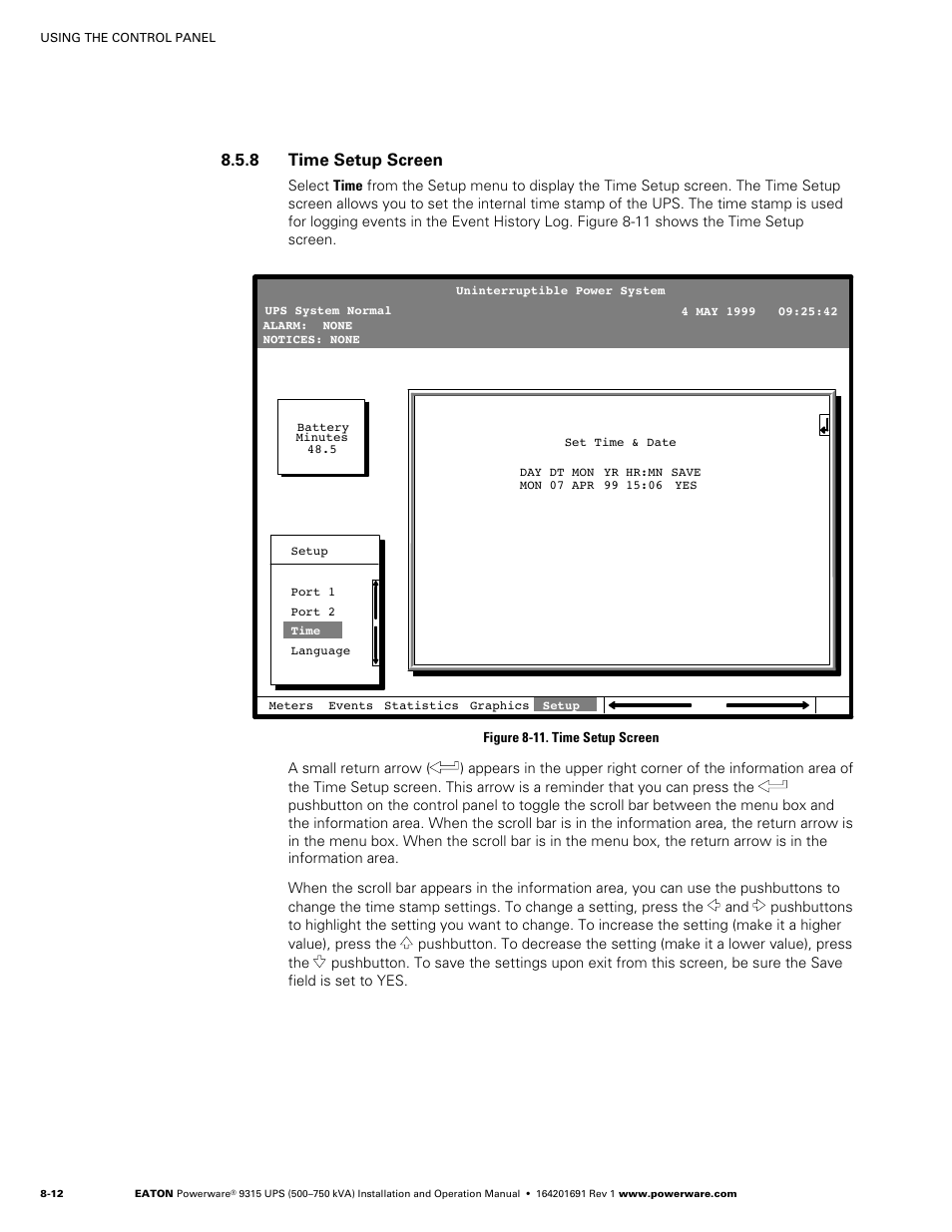 8 time setup screen | Eaton POWERWARE 9315 User Manual | Page 68 / 154