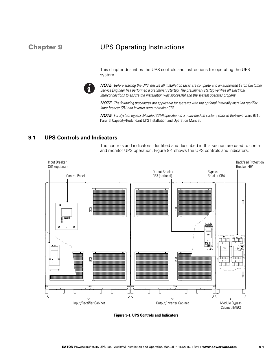 Chapter 9 ups operating instructions, 1 ups controls and indicators | Eaton POWERWARE 9315 User Manual | Page 71 / 154