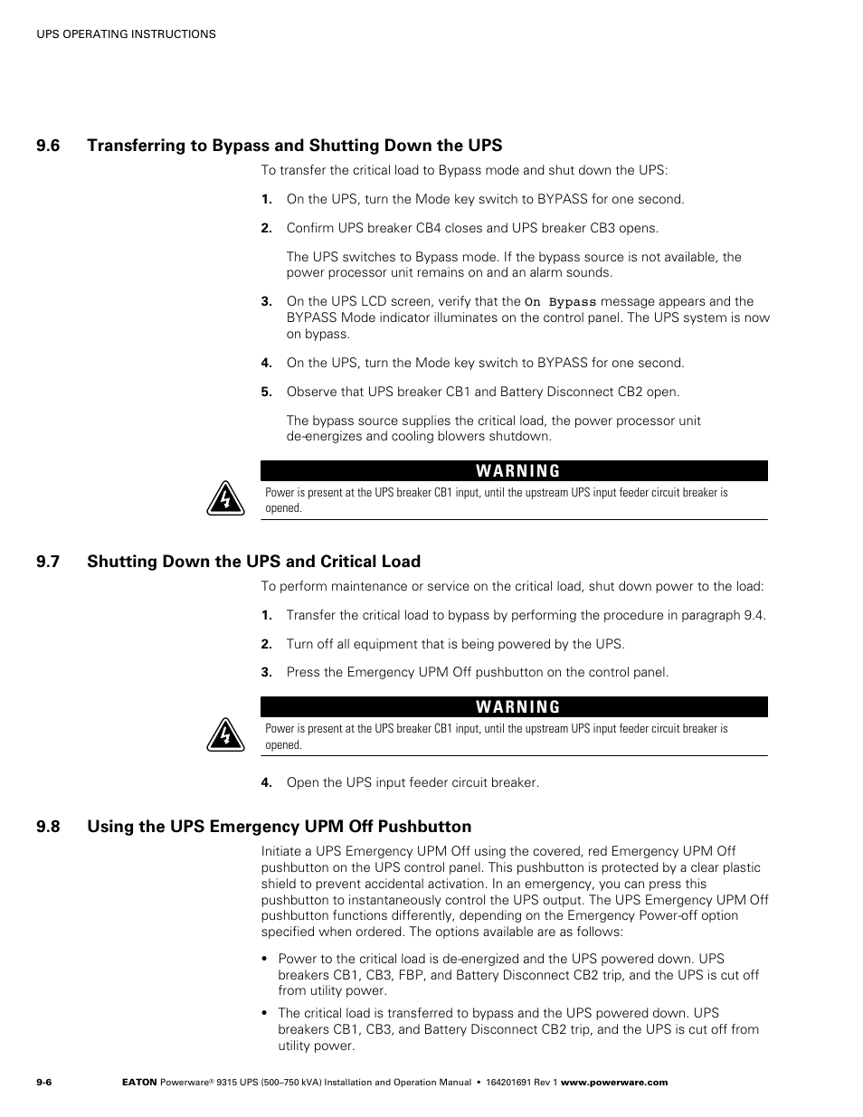6 transferring to bypass and shutting down the ups, 7 shutting down the ups and critical load, 8 using the ups emergency upm off pushbutton | Eaton POWERWARE 9315 User Manual | Page 76 / 154