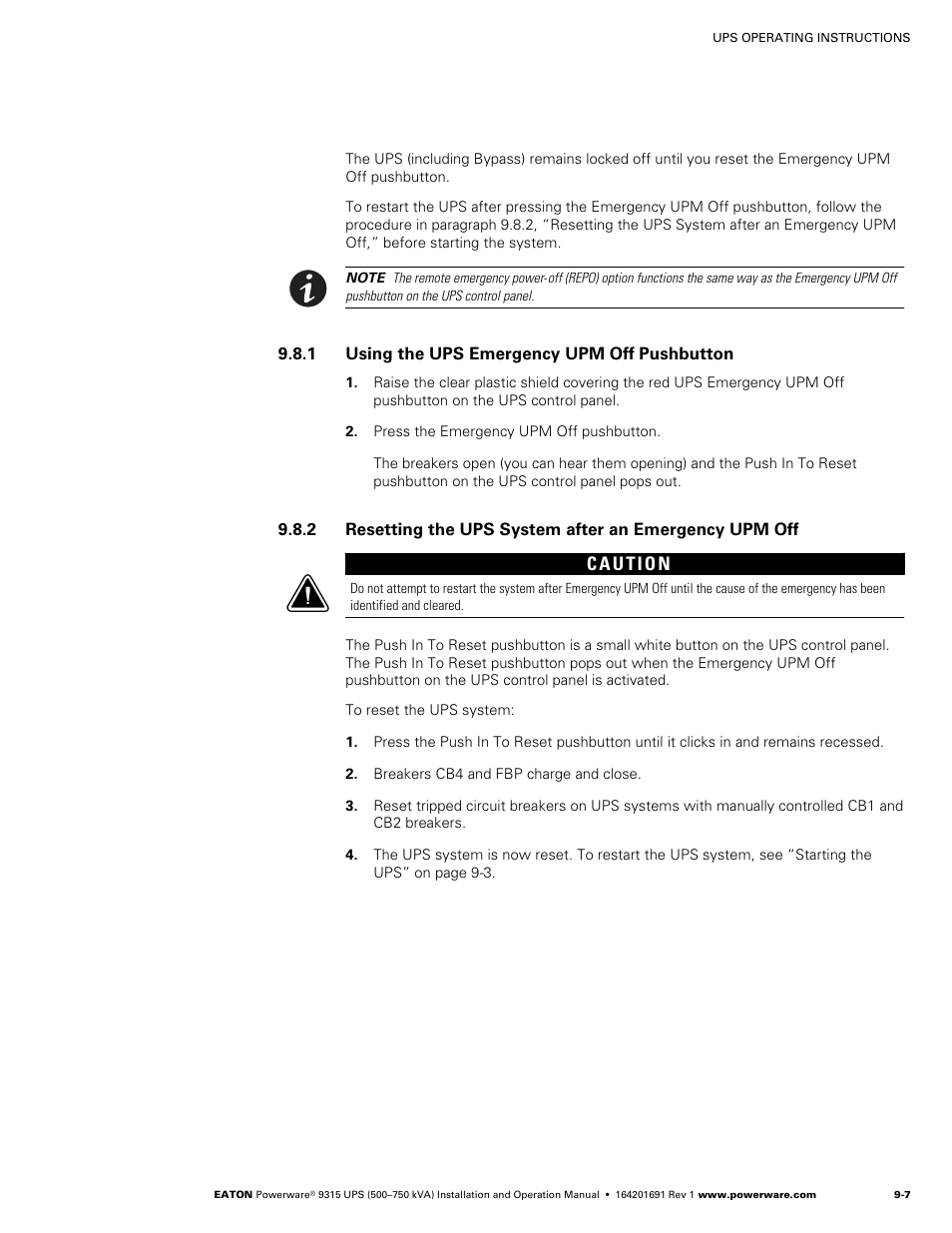 1 using the ups emergency upm off pushbutton | Eaton POWERWARE 9315 User Manual | Page 77 / 154