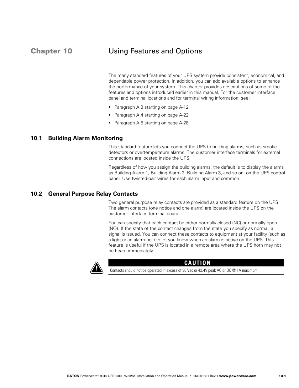 Chapter 10 using features and options, 1 building alarm monitoring, 2 general purpose relay contacts | Eaton POWERWARE 9315 User Manual | Page 79 / 154