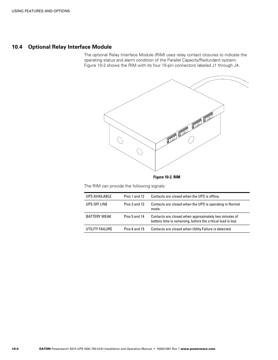 4 optional relay interface module | Eaton POWERWARE 9315 User Manual | Page 82 / 154