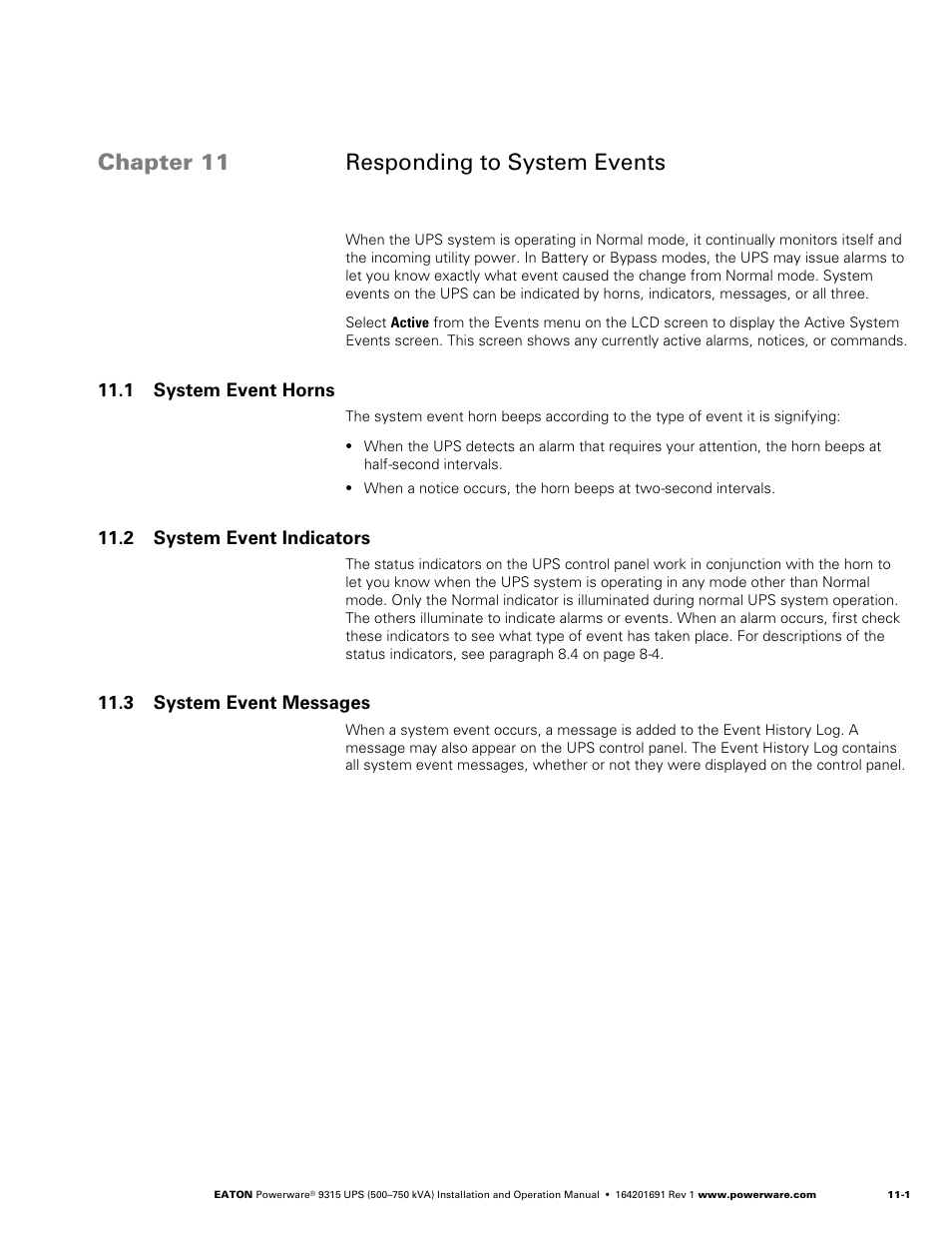 Chapter 11 responding to system events, 1 system event horns, 2 system event indicators | 3 system event messages | Eaton POWERWARE 9315 User Manual | Page 85 / 154