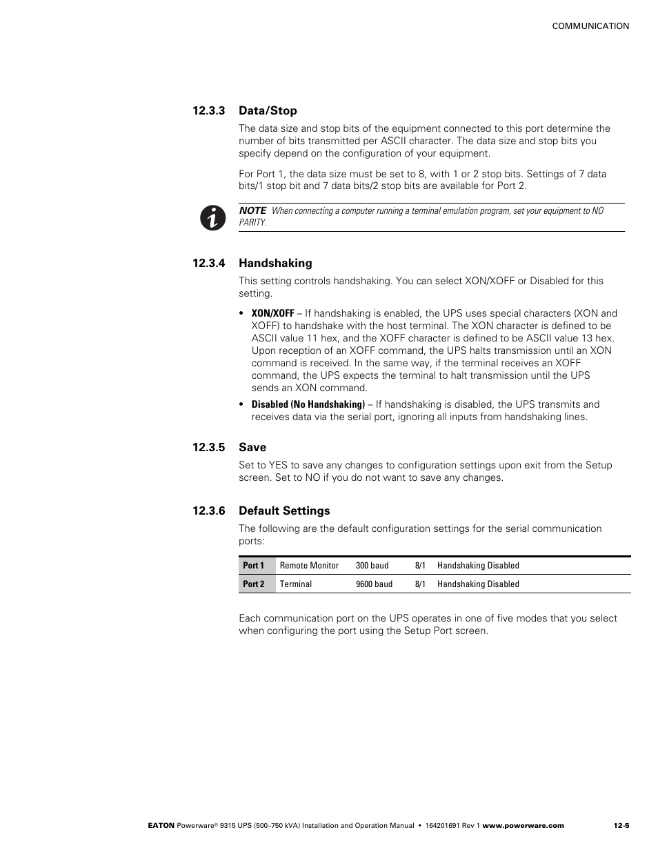 3 data/stop, 4 handshaking, 5 save | 6 default settings | Eaton POWERWARE 9315 User Manual | Page 91 / 154