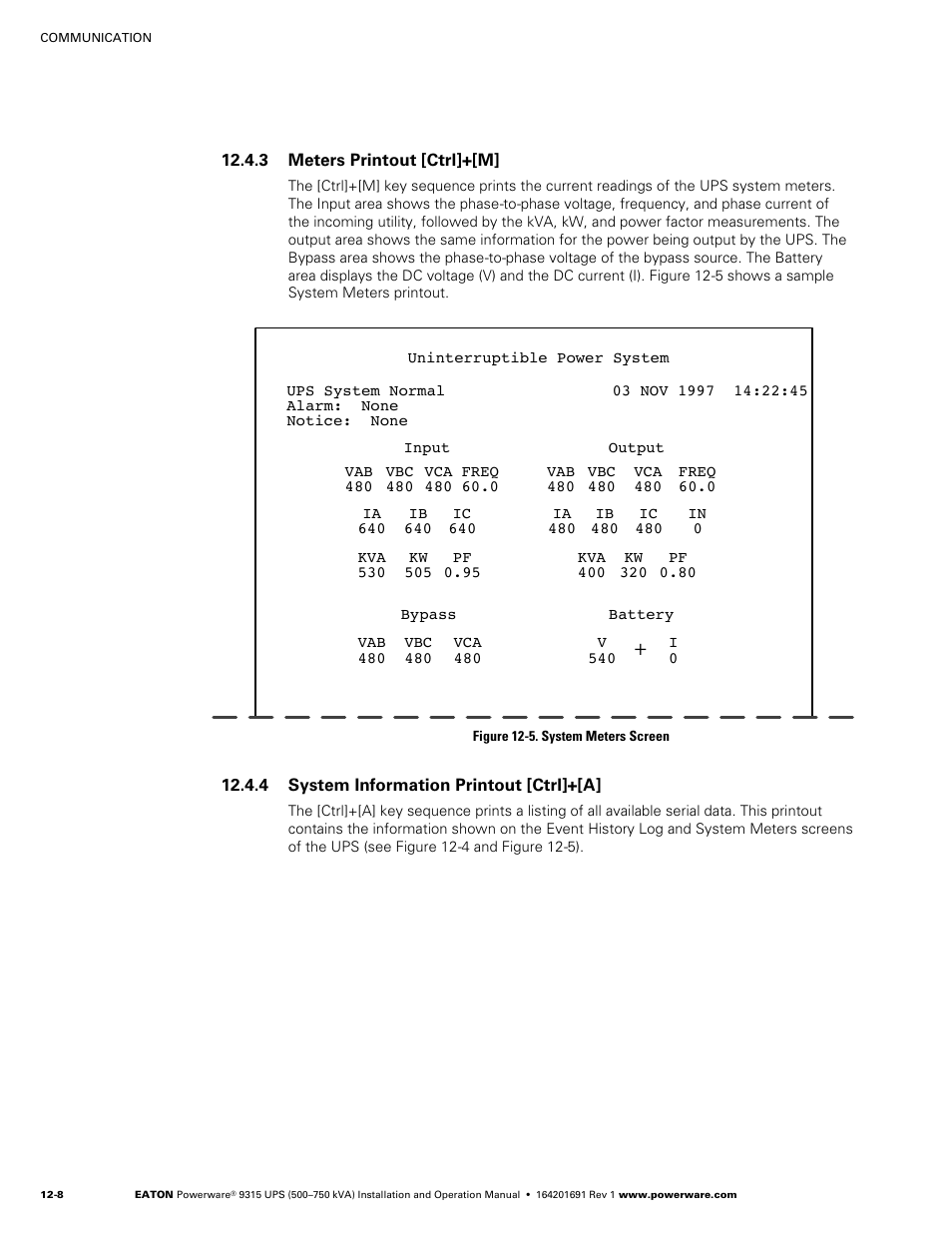 3 meters printout [ctrl]+[m, 4 system information printout [ctrl]+[a | Eaton POWERWARE 9315 User Manual | Page 94 / 154