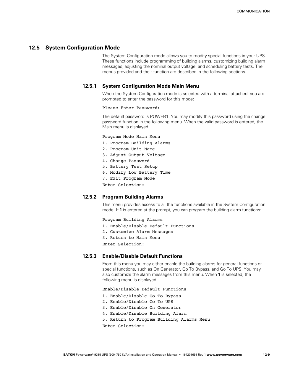 5 system configuration mode, 1 system configuration mode main menu, 2 program building alarms | 3 enable/disable default functions | Eaton POWERWARE 9315 User Manual | Page 95 / 154