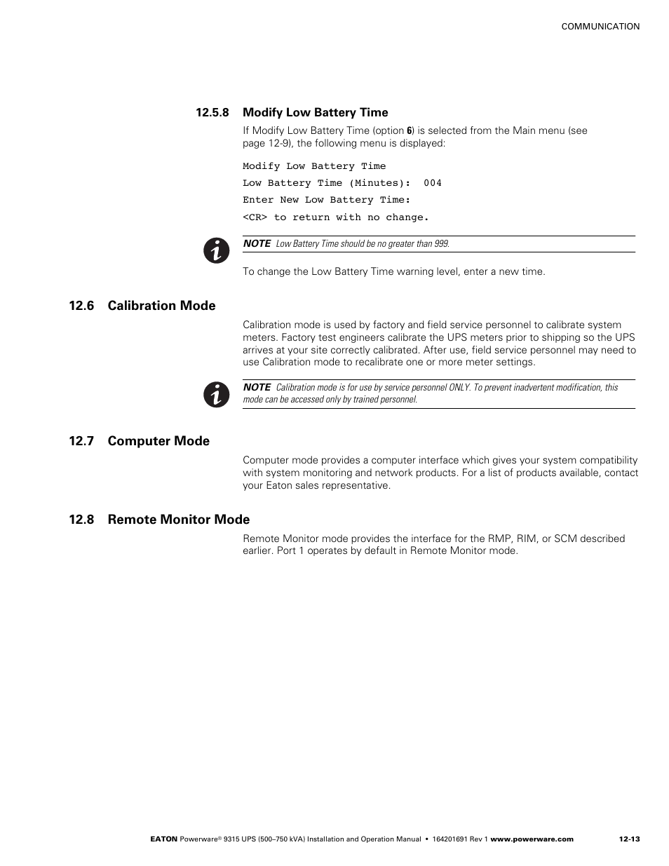 8 modify low battery time, 6 calibration mode, 7 computer mode | 8 remote monitor mode | Eaton POWERWARE 9315 User Manual | Page 99 / 154