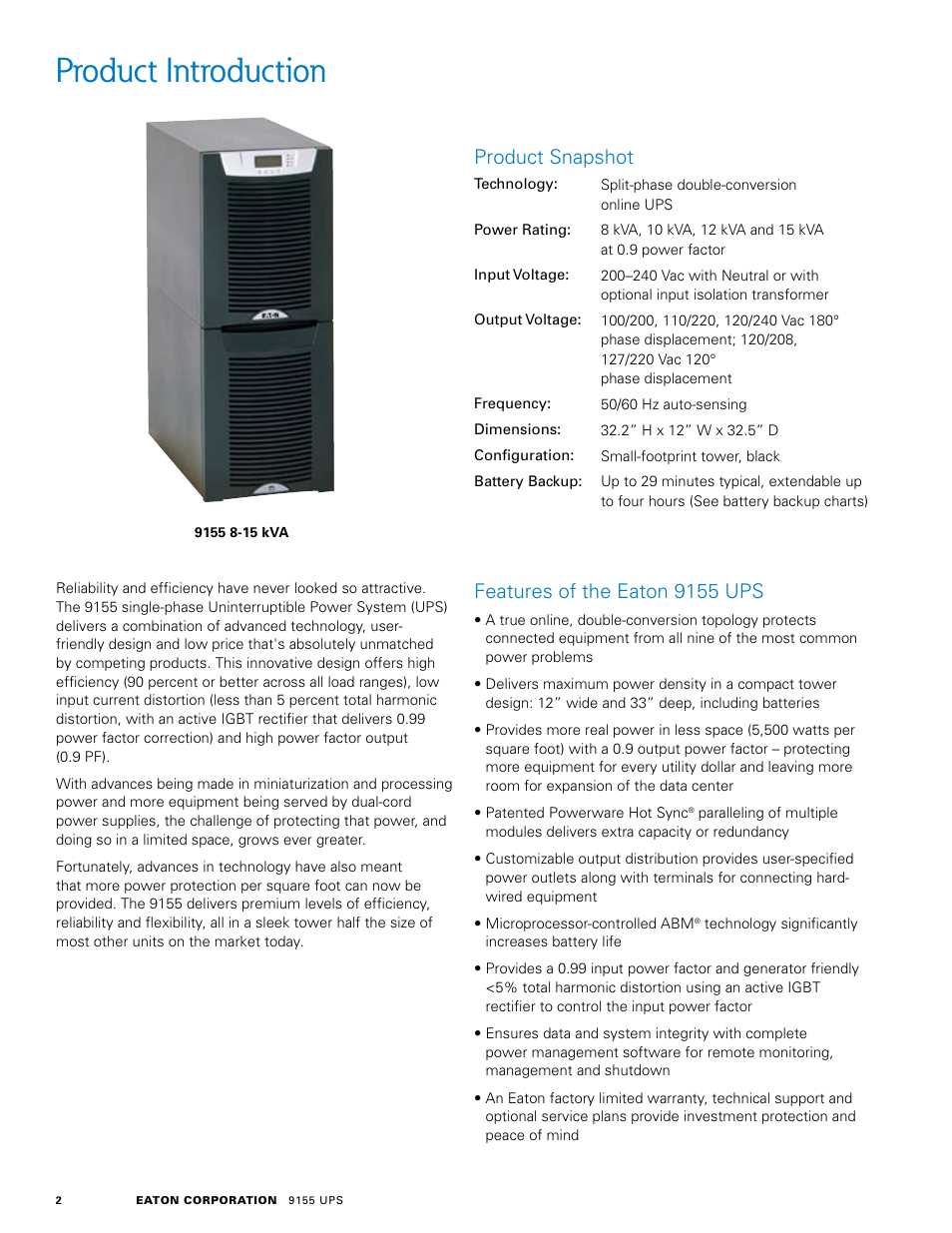 Product introduction, Features of the eaton 9155 ups, Product snapshot | Eaton 9155 User Manual | Page 2 / 8