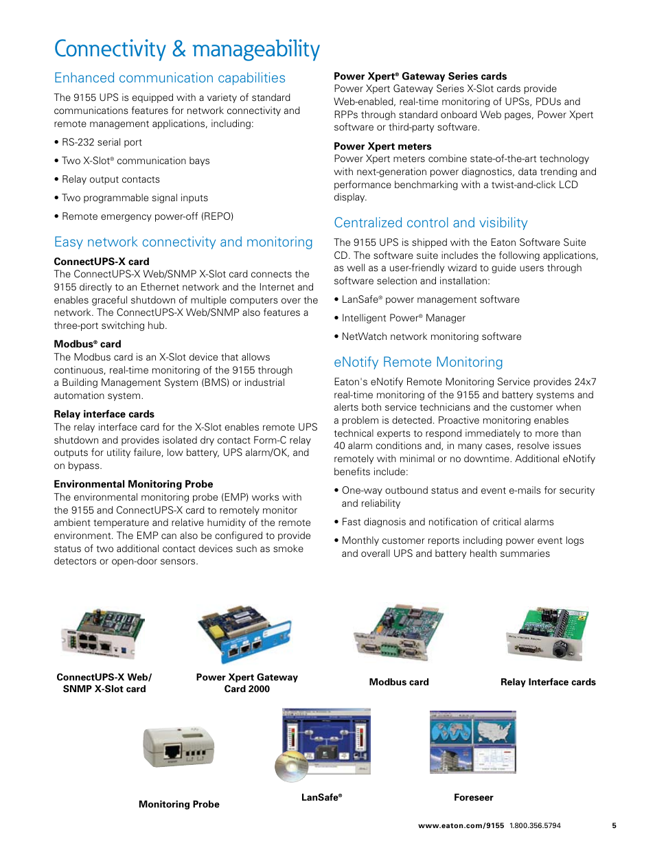 Connectivity & manageability, Enhanced communication capabilities, Easy network connectivity and monitoring | Centralized control and visibility, Enotify remote monitoring | Eaton 9155 User Manual | Page 5 / 8