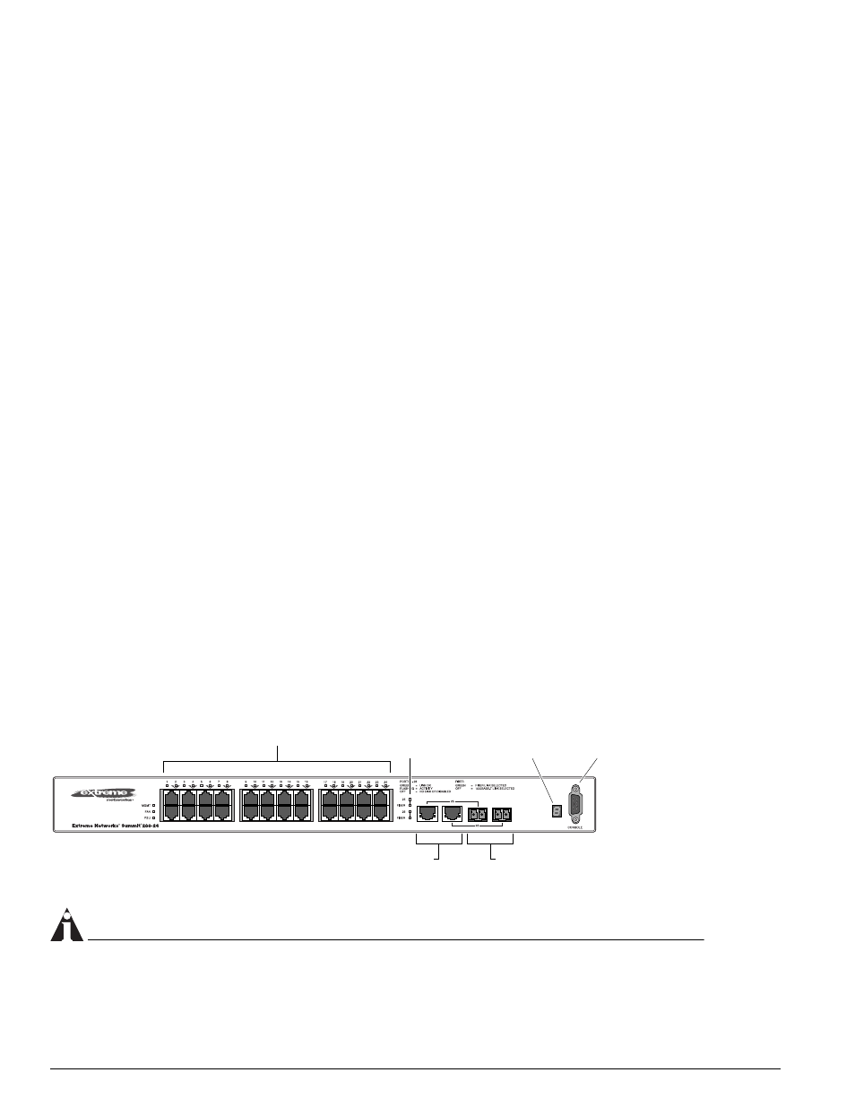 Summit 200-24 switch physical features, Summit 200-24 switch front view | Extreme Networks 200 Series User Manual | Page 18 / 338