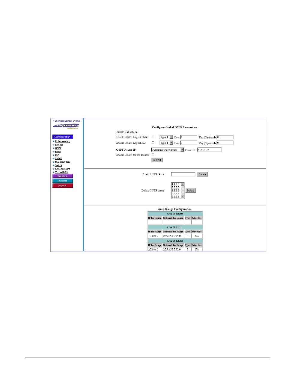 Create or delete an ospf area | Extreme Networks 200 Series User Manual | Page 257 / 338