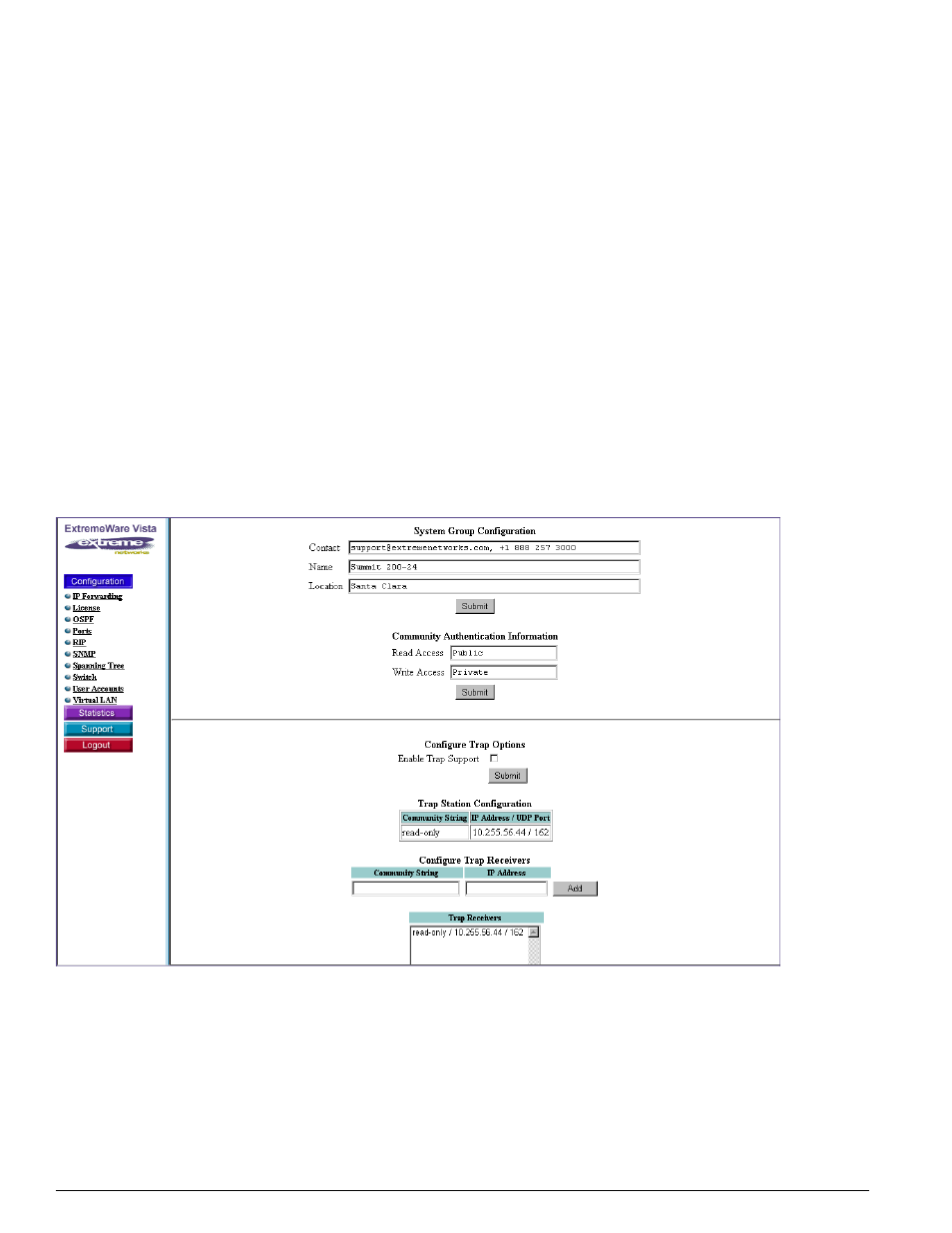 Snmp, System group configuration | Extreme Networks 200 Series User Manual | Page 268 / 338