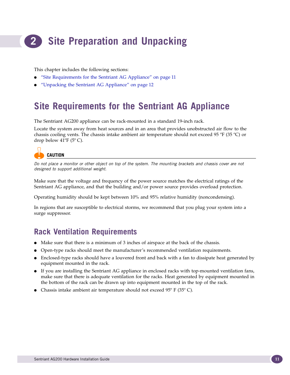 Site preparation and unpacking, Site requirements for the sentriant ag appliance, Rack ventilation requirements | Chapter 2: site preparation and unpacking, 2site preparation and unpacking | Extreme Networks Sentriant AG200 User Manual | Page 11 / 40