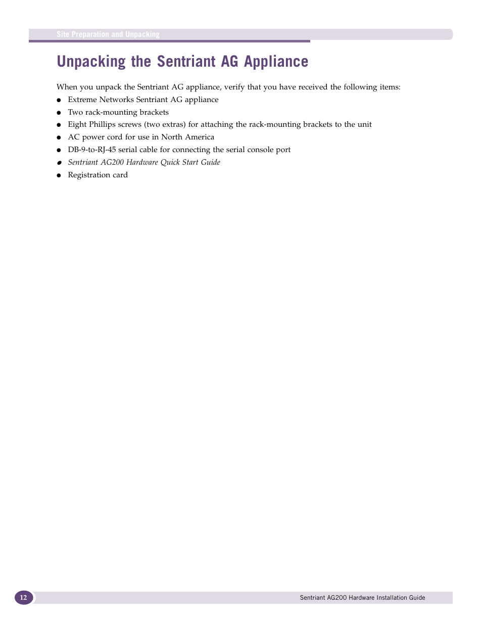 Unpacking the sentriant ag appliance | Extreme Networks Sentriant AG200 User Manual | Page 12 / 40