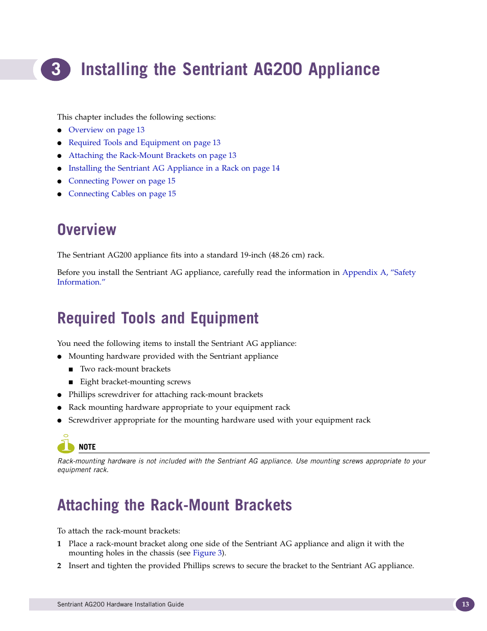 Installing the sentriant ag200 appliance, Overview, Required tools and equipment | Attaching the rack-mount brackets, 3installing the sentriant ag200 appliance | Extreme Networks Sentriant AG200 User Manual | Page 13 / 40