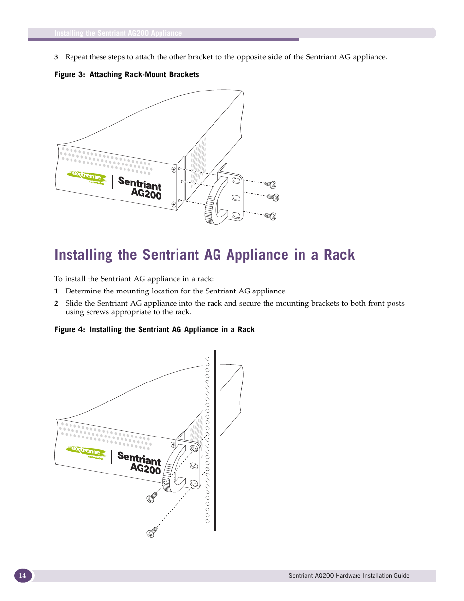 Installing the sentriant ag appliance in a rack, Figure 3 | Extreme Networks Sentriant AG200 User Manual | Page 14 / 40