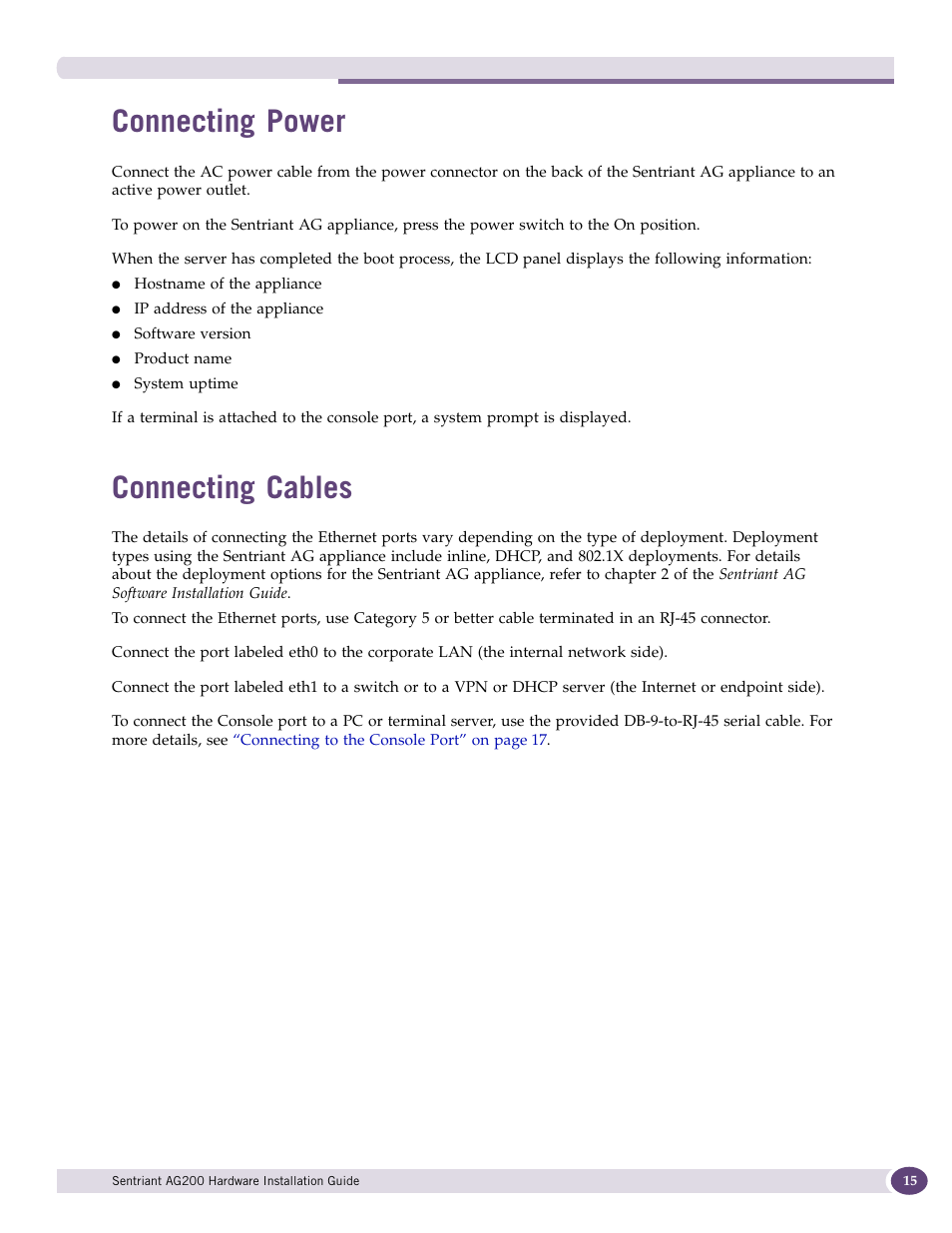 Connecting power, Connecting cables | Extreme Networks Sentriant AG200 User Manual | Page 15 / 40