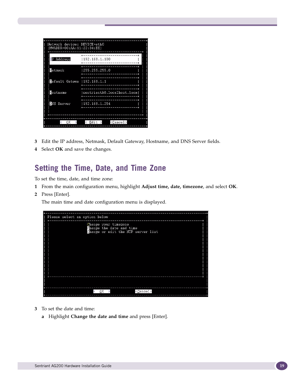 Setting the time, date, and time zone, Time, date, and time zone (see | Extreme Networks Sentriant AG200 User Manual | Page 19 / 40