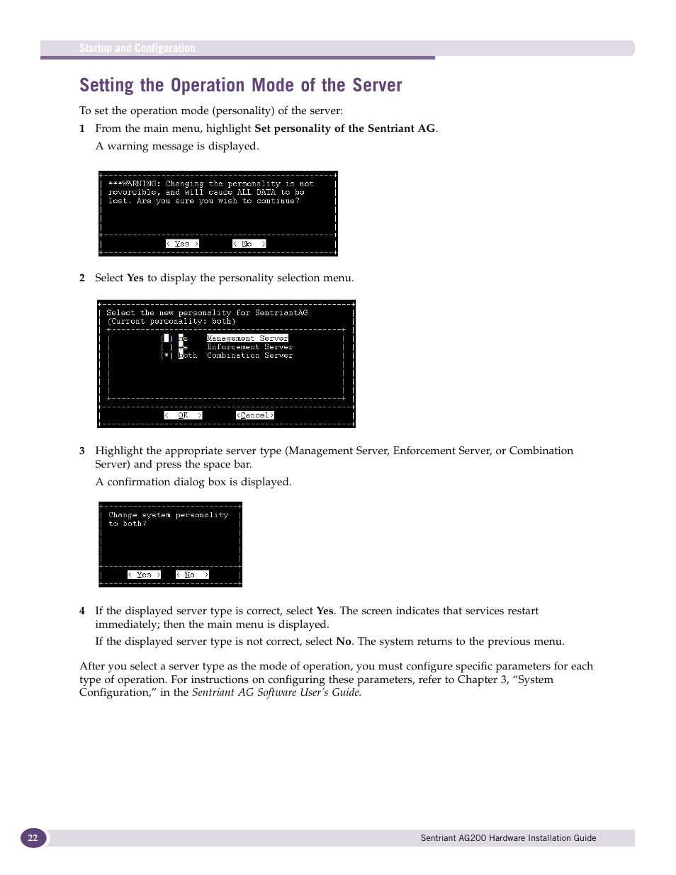Setting the operation mode of the server, Setting the operation mode | Extreme Networks Sentriant AG200 User Manual | Page 22 / 40