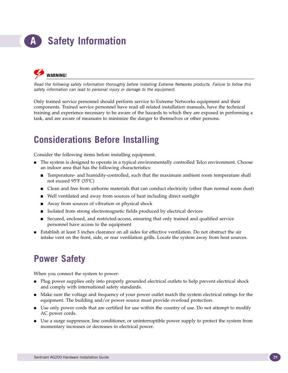 Safety information, Considerations before installing, Power safety | Appendix a: safety information, Appendix a, “safety, Information, Asafety information | Extreme Networks Sentriant AG200 User Manual | Page 29 / 40