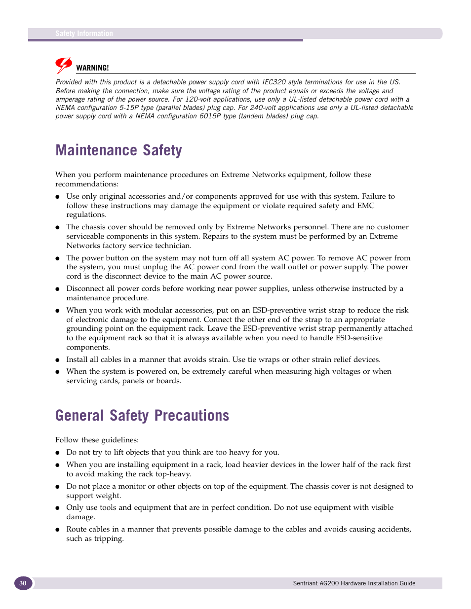 Maintenance safety, General safety precautions | Extreme Networks Sentriant AG200 User Manual | Page 30 / 40