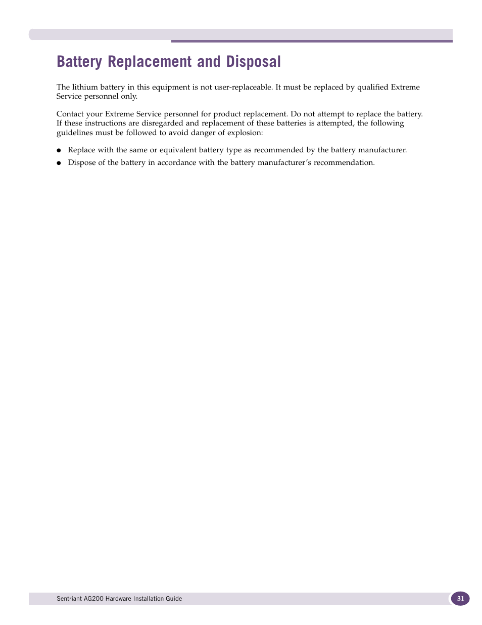 Battery replacement and disposal | Extreme Networks Sentriant AG200 User Manual | Page 31 / 40