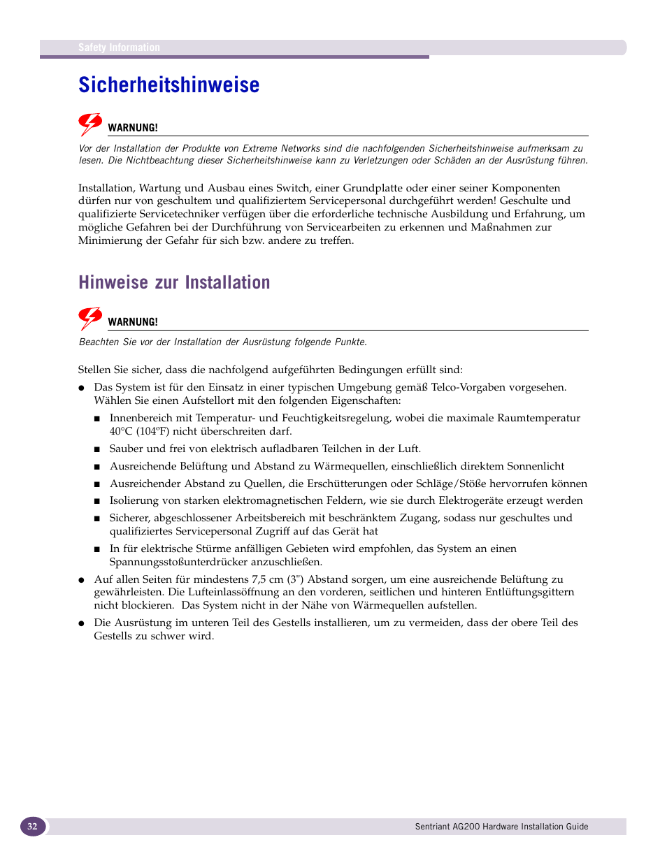 Sicherheitshinweise, Hinweise zur installation | Extreme Networks Sentriant AG200 User Manual | Page 32 / 40