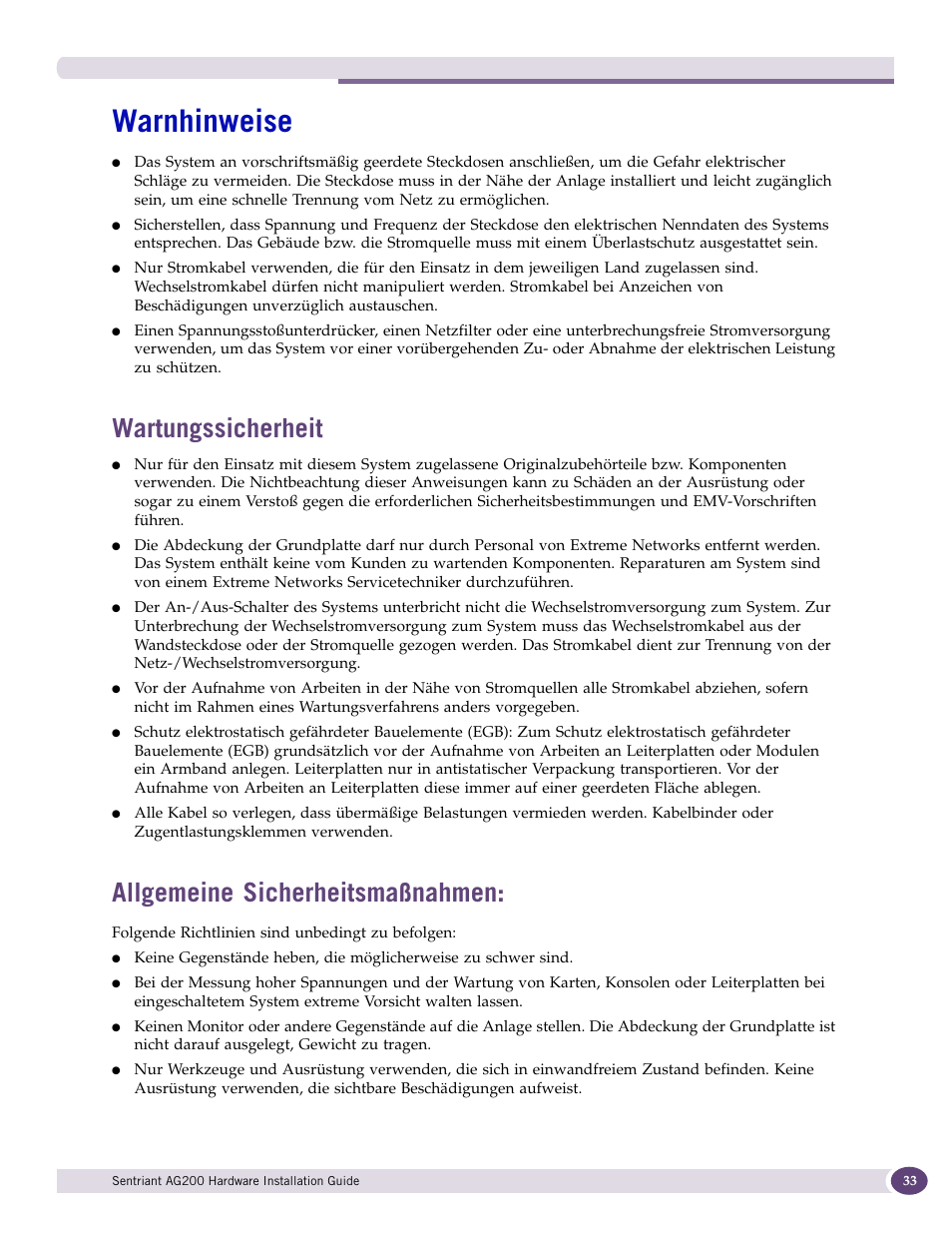 Warnhinweise, Wartungssicherheit, Allgemeine sicherheitsmaßnahmen | Extreme Networks Sentriant AG200 User Manual | Page 33 / 40