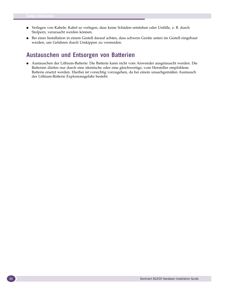 Austauschen und entsorgen von batterien | Extreme Networks Sentriant AG200 User Manual | Page 34 / 40