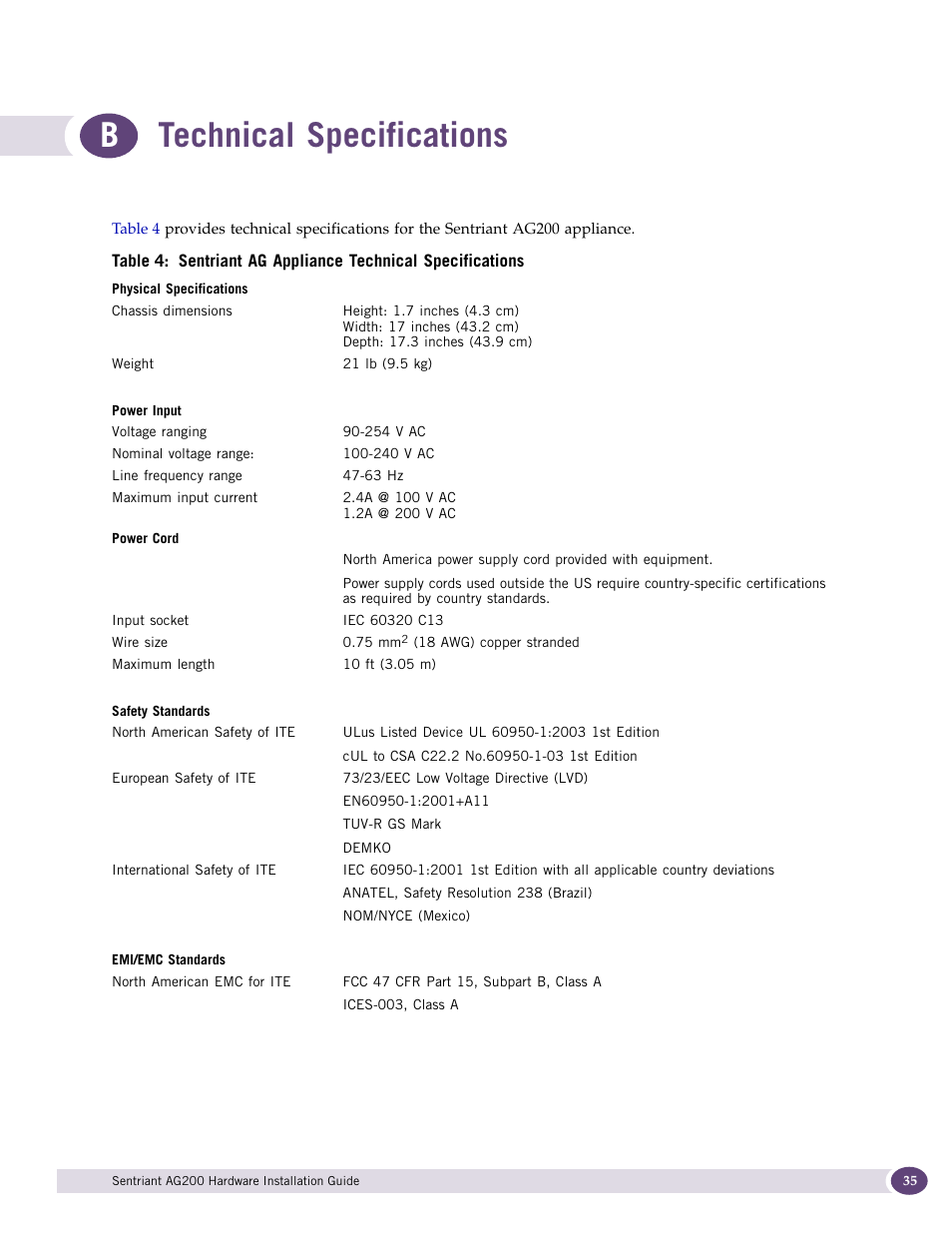Technical specifications, Btechnical specifications | Extreme Networks Sentriant AG200 User Manual | Page 35 / 40