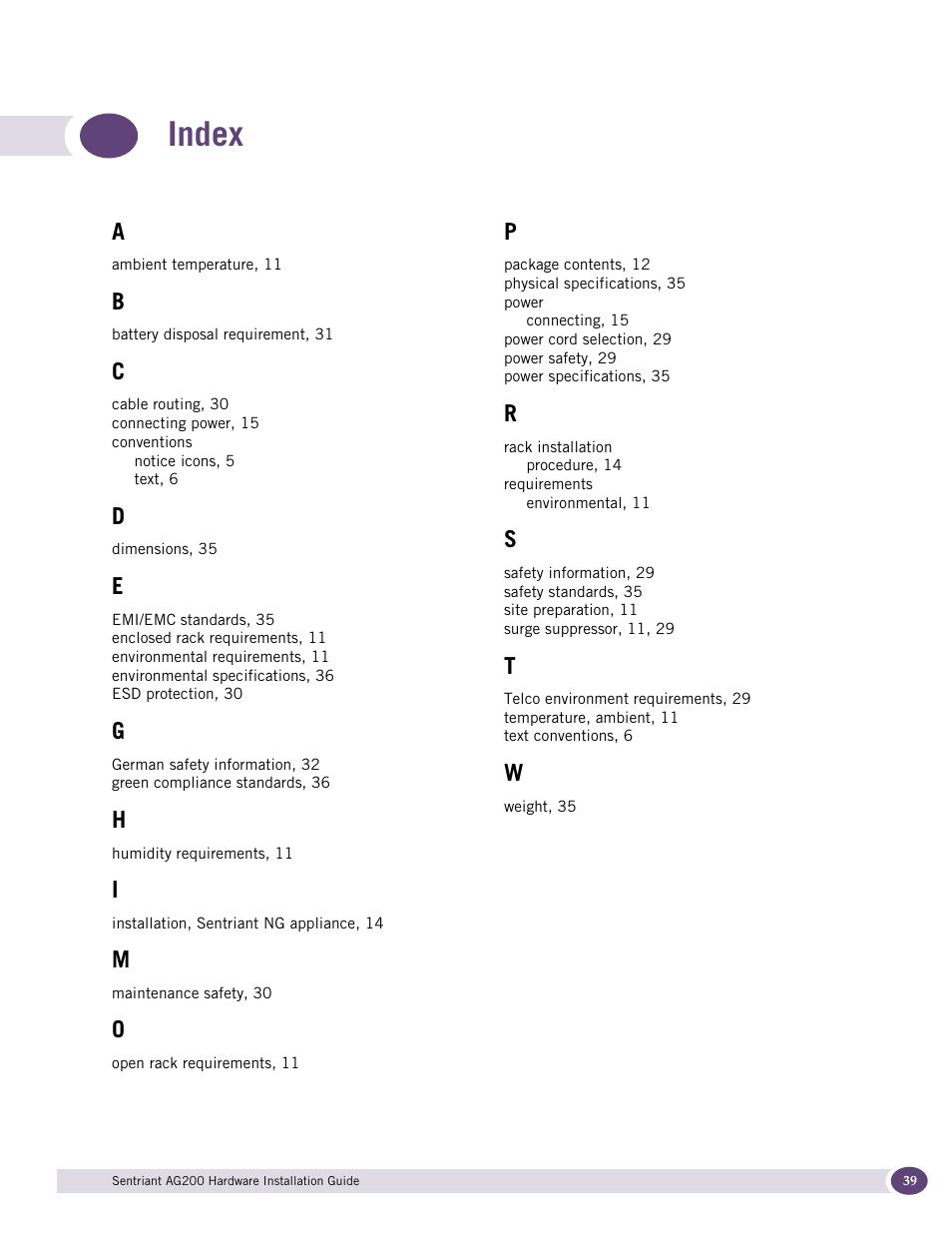 Index | Extreme Networks Sentriant AG200 User Manual | Page 39 / 40