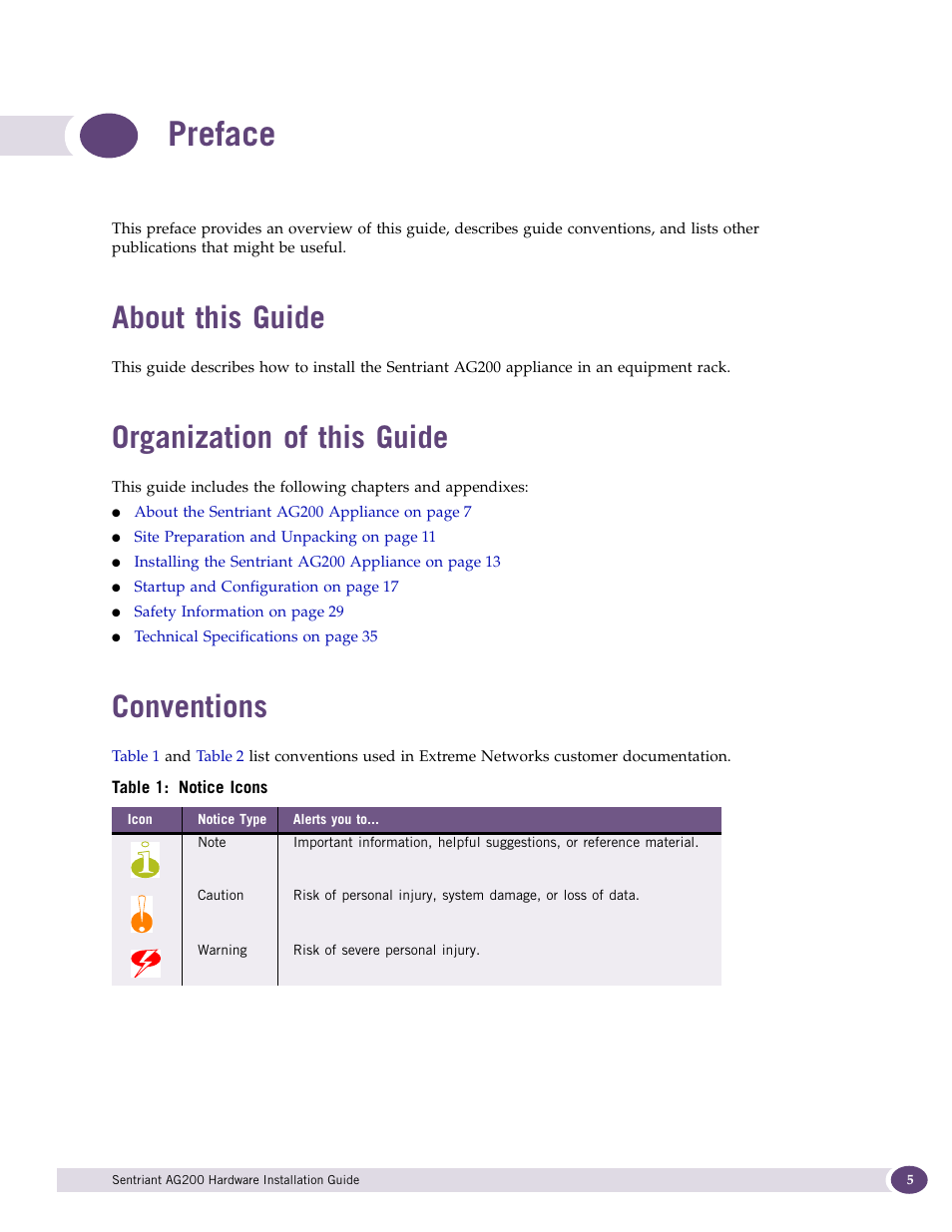 Preface, About this guide, Organization of this guide | Conventions | Extreme Networks Sentriant AG200 User Manual | Page 5 / 40