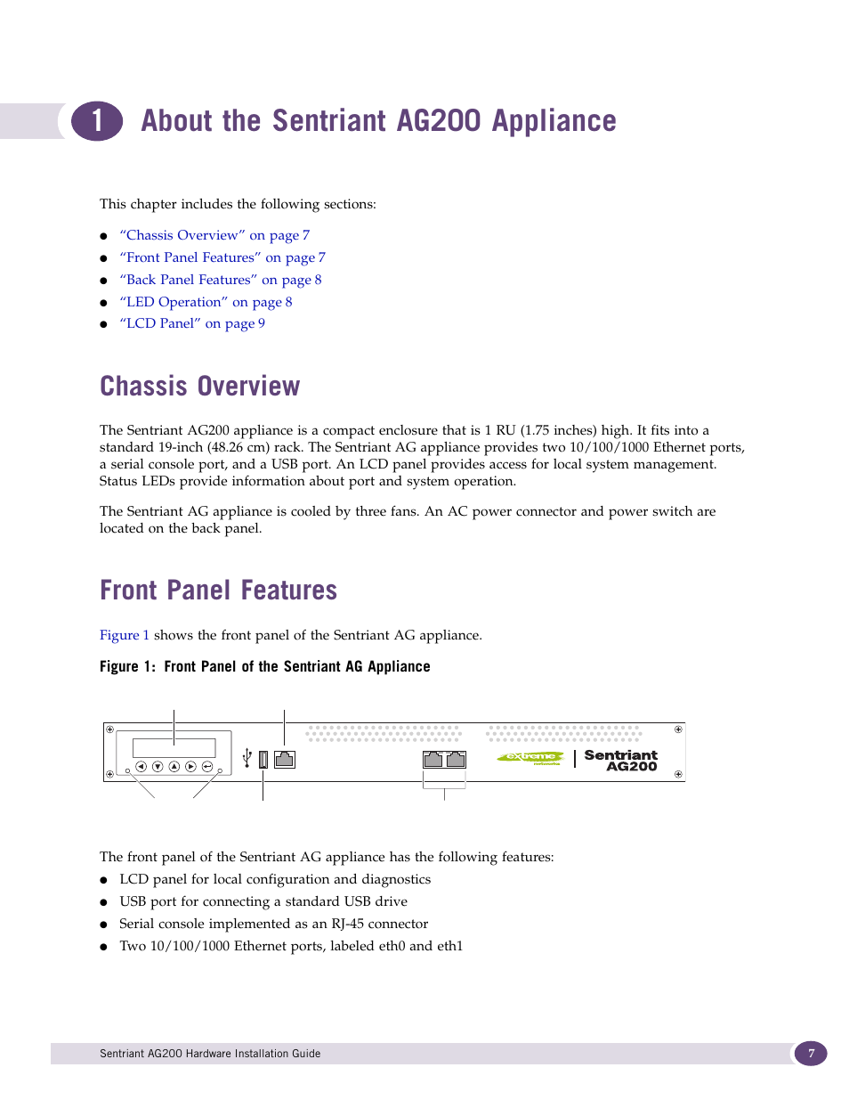 About the sentriant ag200 appliance, Chassis overview, Front panel features | Chapter 1: about the sentriant ag200 appliance, 1about the sentriant ag200 appliance | Extreme Networks Sentriant AG200 User Manual | Page 7 / 40