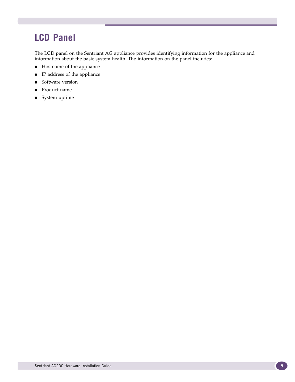 Lcd panel | Extreme Networks Sentriant AG200 User Manual | Page 9 / 40