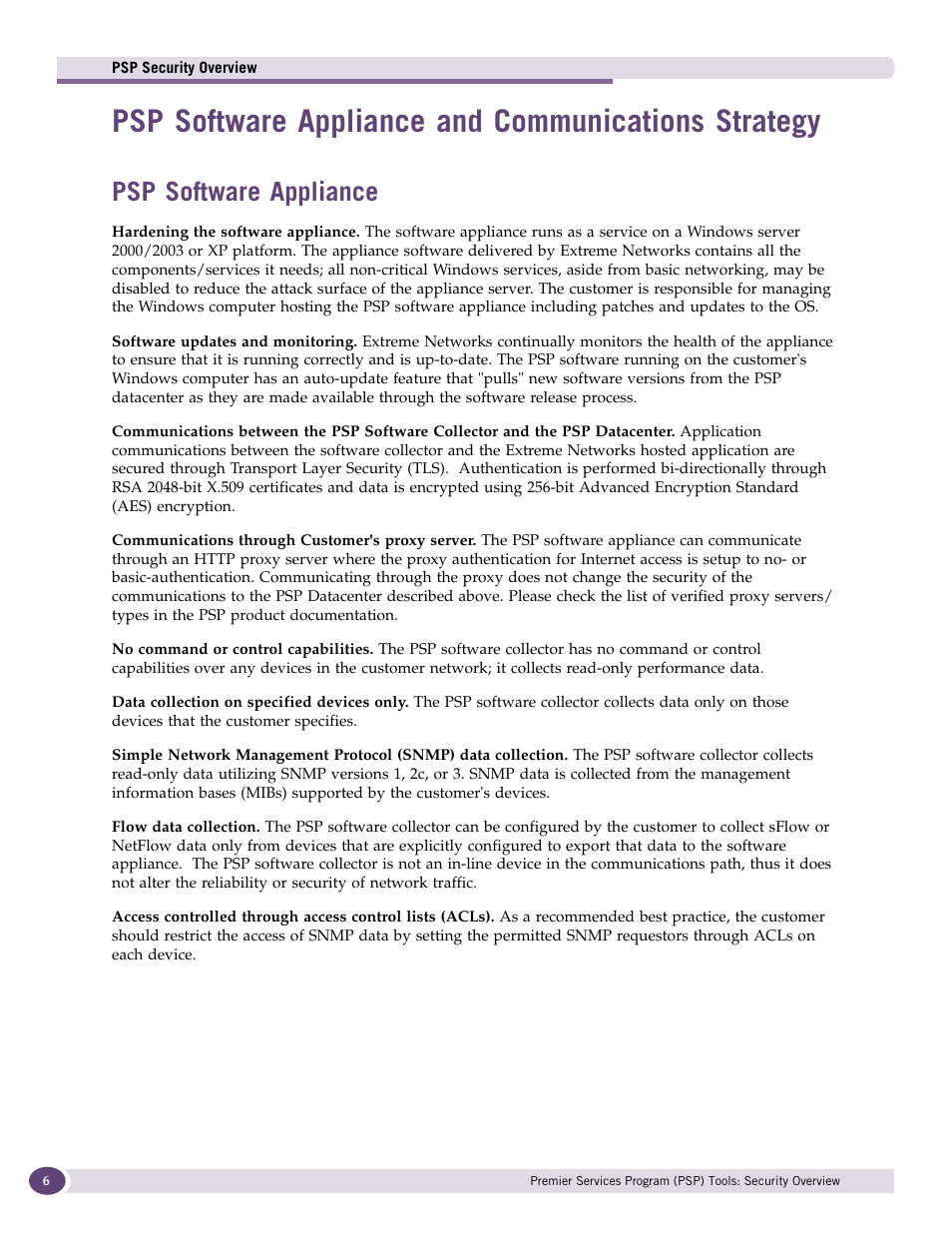Psp software appliance and communications strategy, Psp software appliance | Extreme Networks SECURITY OVERVIEW 120350-00 User Manual | Page 6 / 8