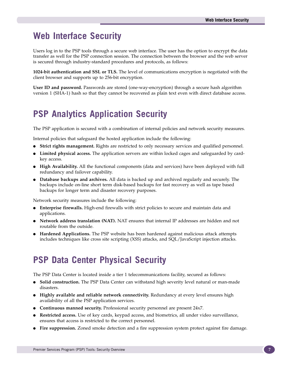 Web interface security, Psp analytics application security, Psp data center physical security | Extreme Networks SECURITY OVERVIEW 120350-00 User Manual | Page 7 / 8