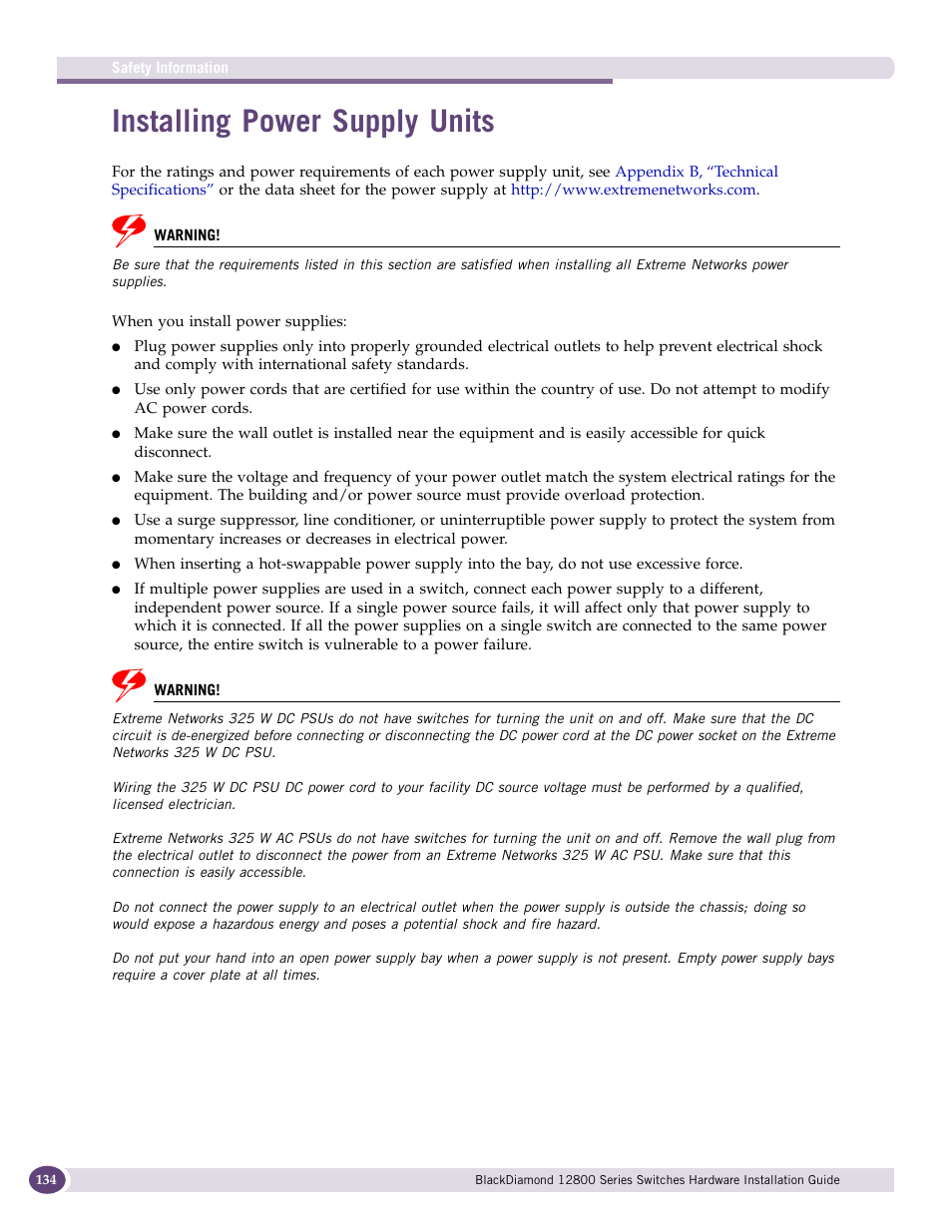 Installing power supply units | Extreme Networks BlackDiamond 12804 User Manual | Page 134 / 160