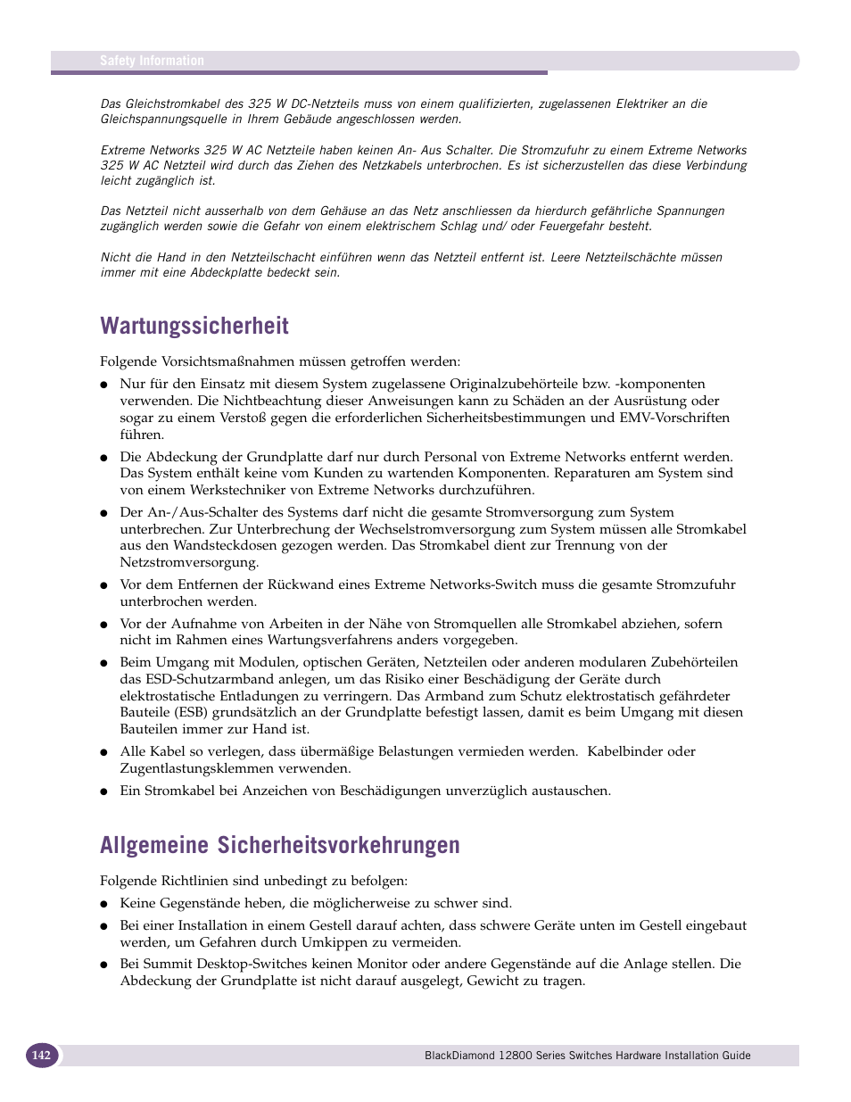 Wartungssicherheit, Allgemeine sicherheitsvorkehrungen | Extreme Networks BlackDiamond 12804 User Manual | Page 142 / 160