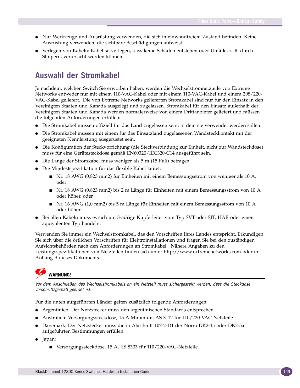 Auswahl der stromkabel | Extreme Networks BlackDiamond 12804 User Manual | Page 143 / 160