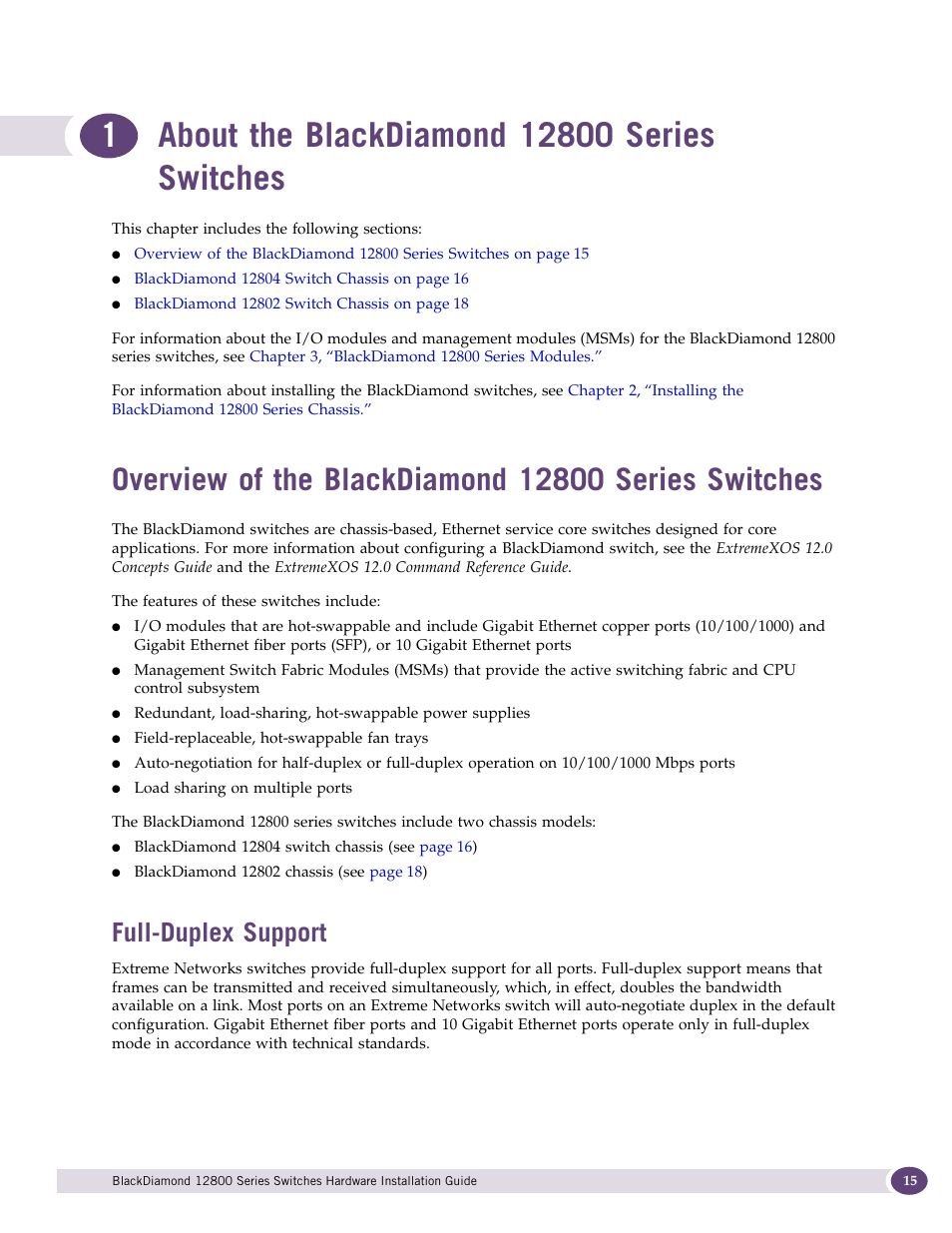 About the blackdiamond 12800 series switches, Overview of the blackdiamond 12800 series switches, Full-duplex support | Extreme Networks BlackDiamond 12804 User Manual | Page 15 / 160