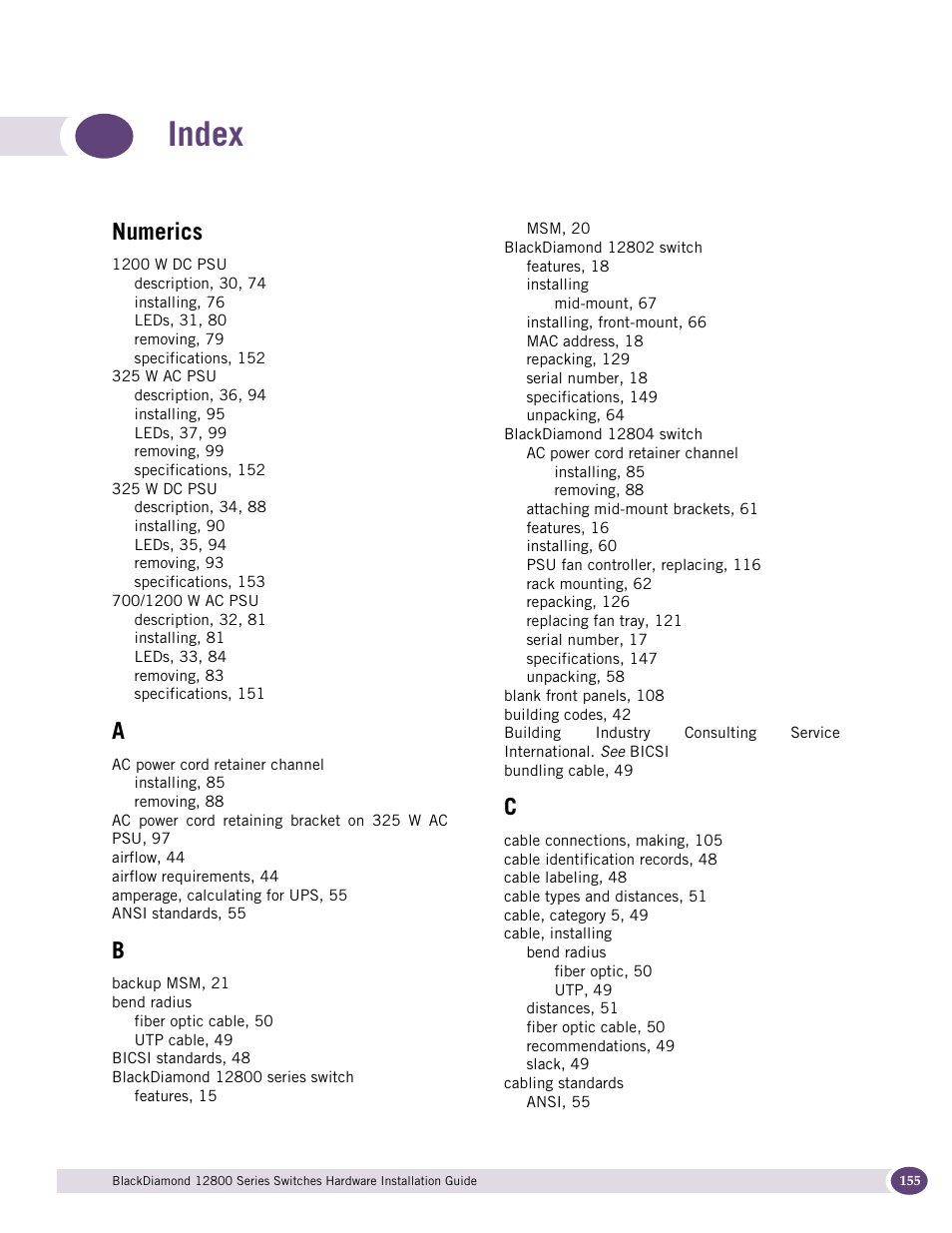 Index, Numerics | Extreme Networks BlackDiamond 12804 User Manual | Page 155 / 160