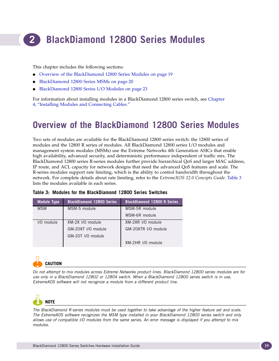 Blackdiamond 12800 series modules, Overview of the blackdiamond 12800 series modules, Chapter 2: blackdiamond 12800 series modules | Chapter 3, “blackdiamond 12800 series modules | Extreme Networks BlackDiamond 12804 User Manual | Page 19 / 160