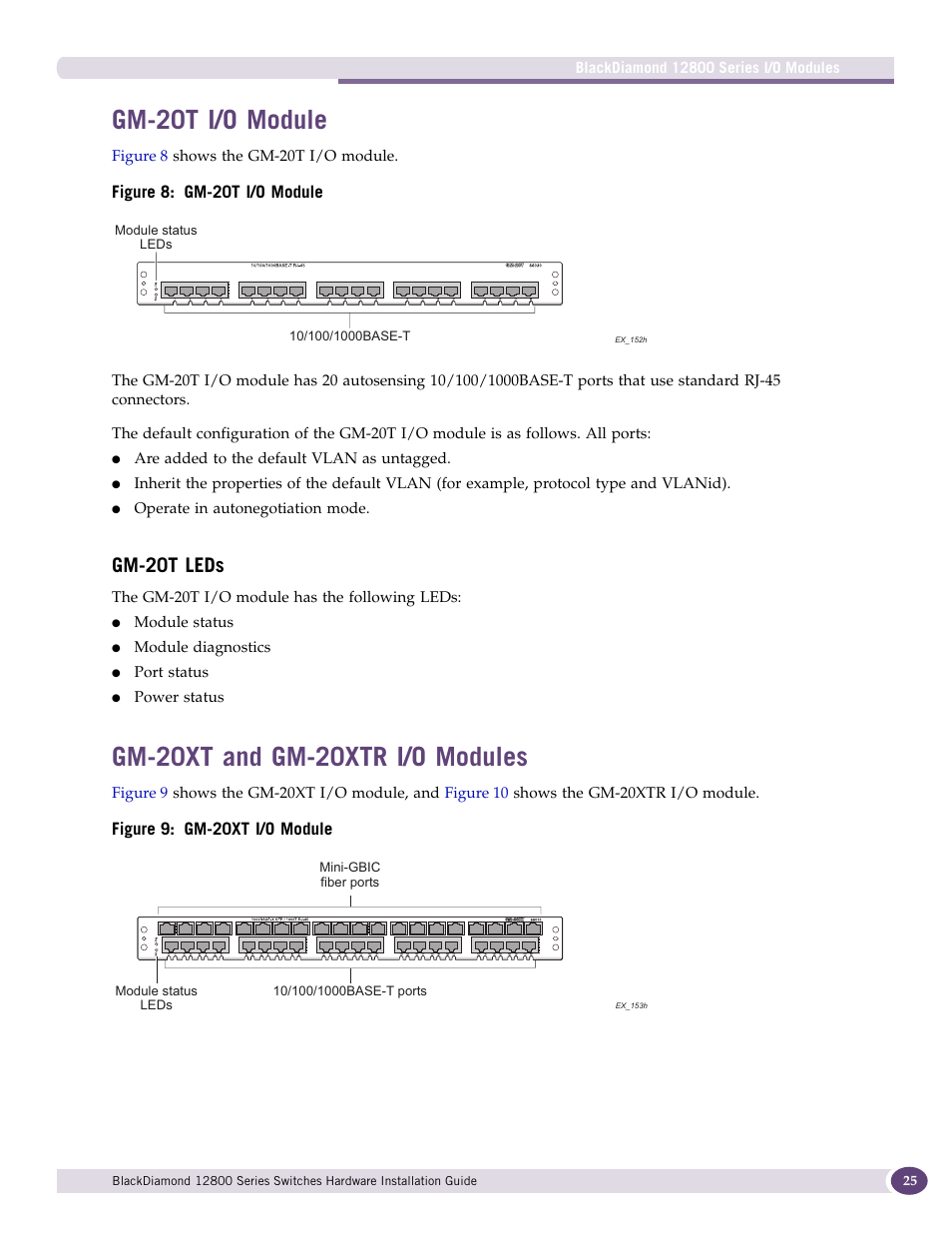 Gm-20t i/o module, Gm-20t leds, Gm-20xt and gm-20xtr i/o modules | Extreme Networks BlackDiamond 12804 User Manual | Page 25 / 160