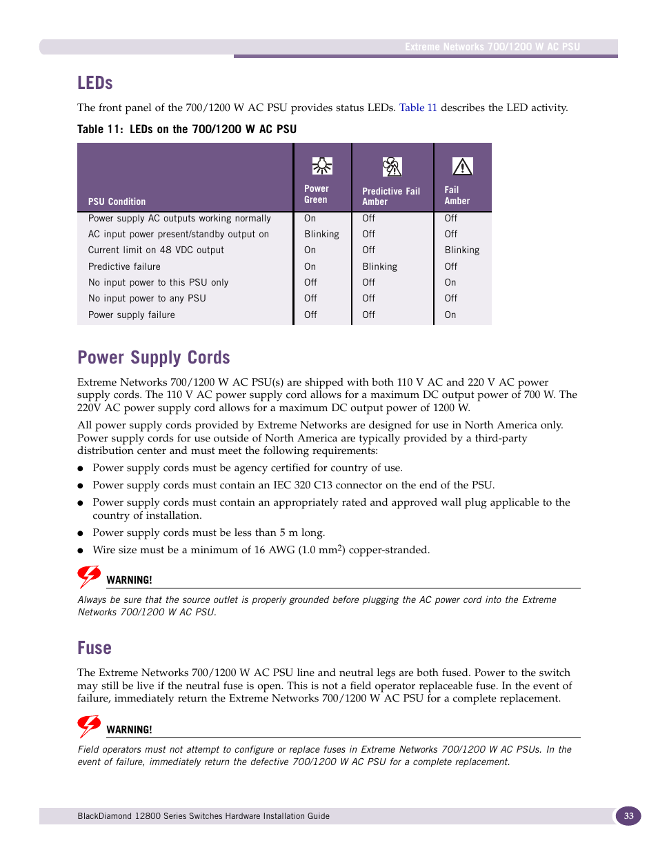 Leds, Power supply cords, Fuse | Leds power supply cords fuse | Extreme Networks BlackDiamond 12804 User Manual | Page 33 / 160