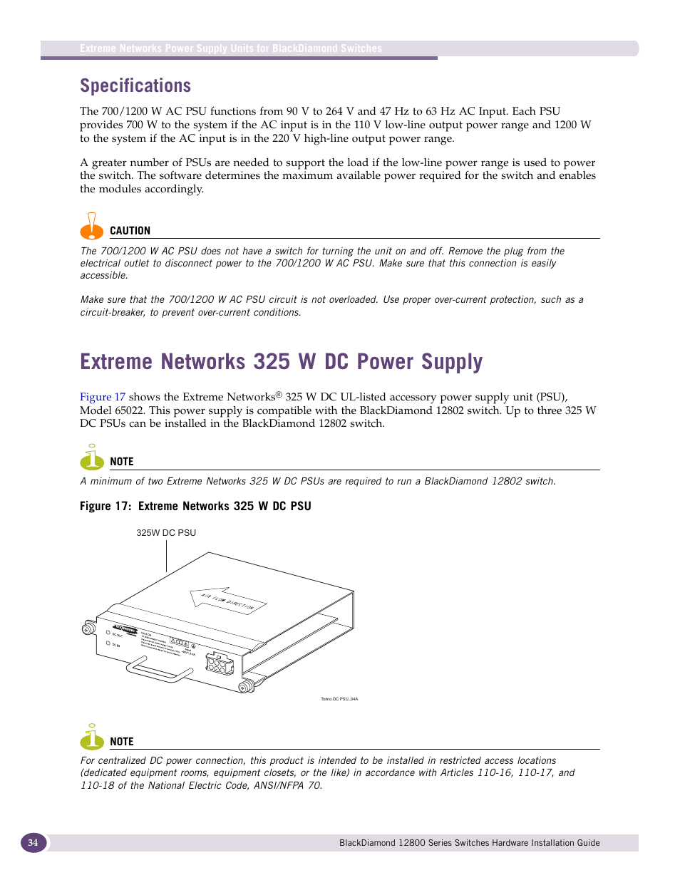 Specifications, Extreme networks 325 w dc power supply | Extreme Networks BlackDiamond 12804 User Manual | Page 34 / 160