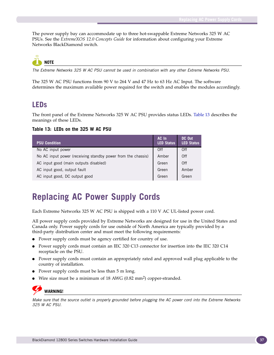 Leds, Replacing ac power supply cords | Extreme Networks BlackDiamond 12804 User Manual | Page 37 / 160