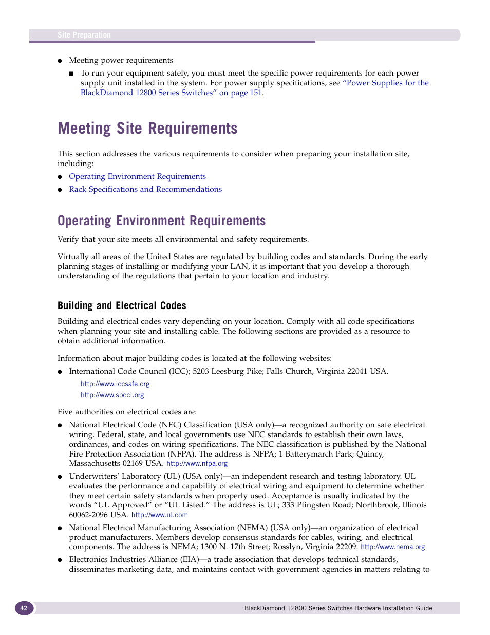 Meeting site requirements, Operating environment requirements, Building and electrical codes | Extreme Networks BlackDiamond 12804 User Manual | Page 42 / 160