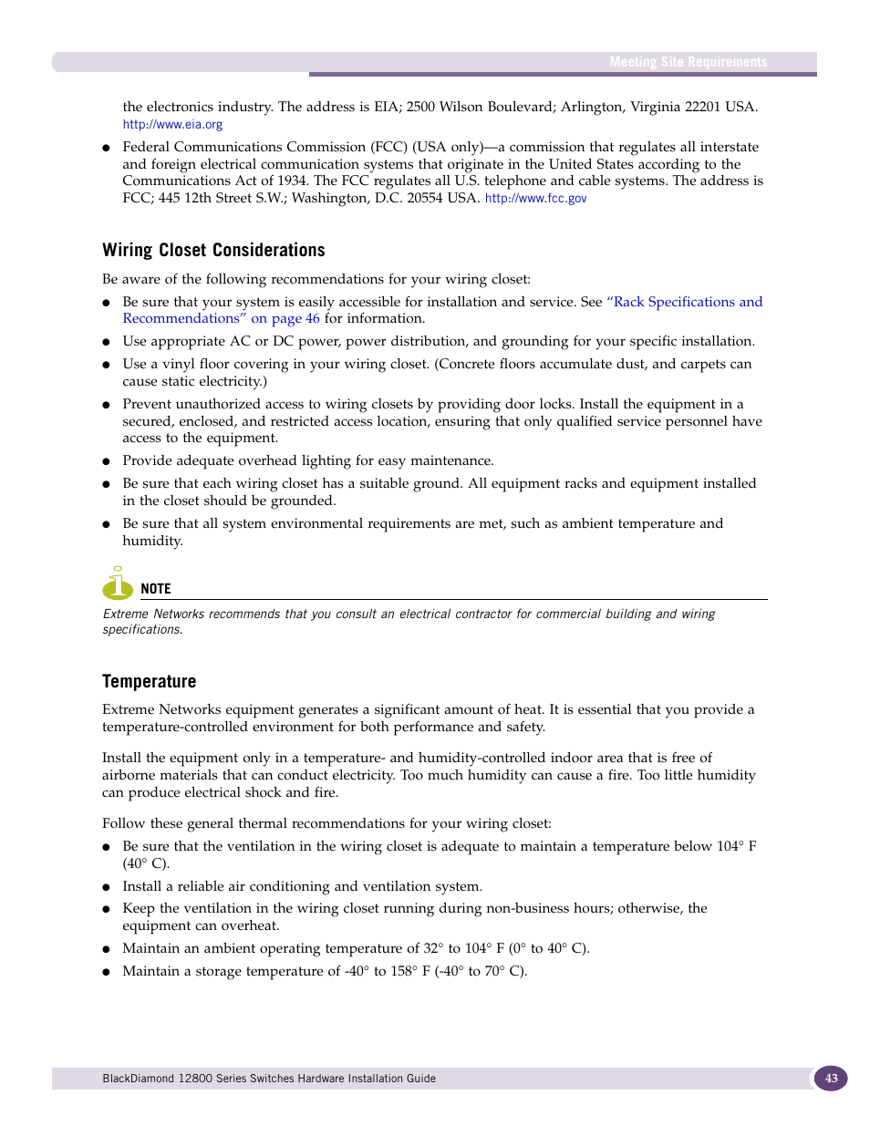 Wiring closet considerations, Temperature, Wiring closet considerations temperature | Extreme Networks BlackDiamond 12804 User Manual | Page 43 / 160