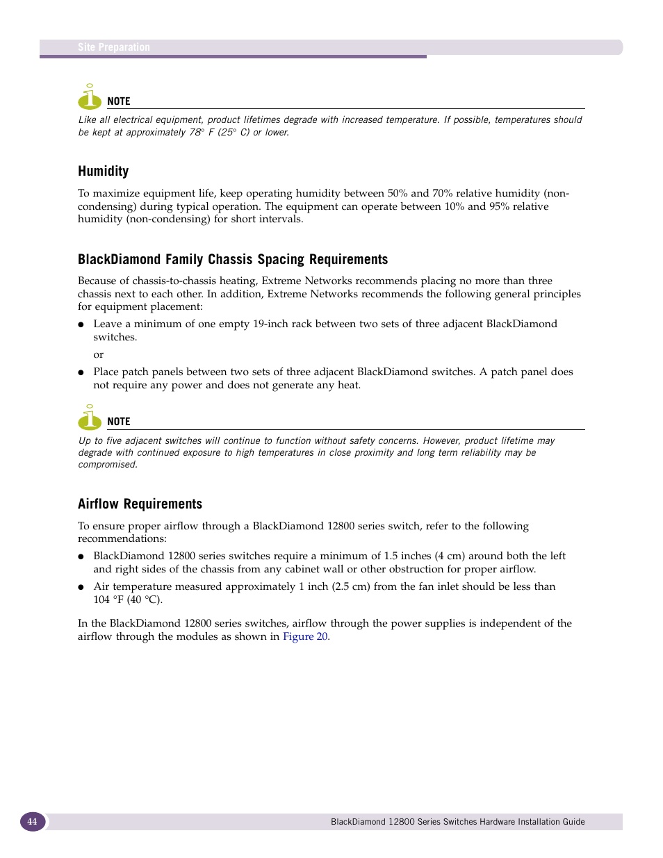 Humidity, Blackdiamond family chassis spacing requirements, Airflow requirements | Extreme Networks BlackDiamond 12804 User Manual | Page 44 / 160